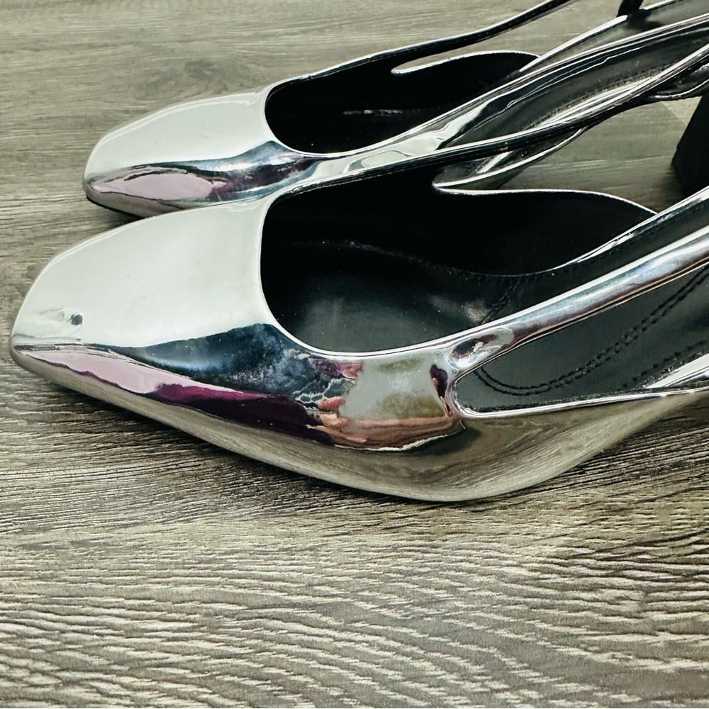 Zara NWT Metallic Silver Block Heel Slingback Heels Size 40 - Picture 5 of 13
